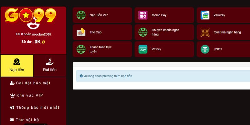 Top các phương thức nạp tiền GO99 phổ biến